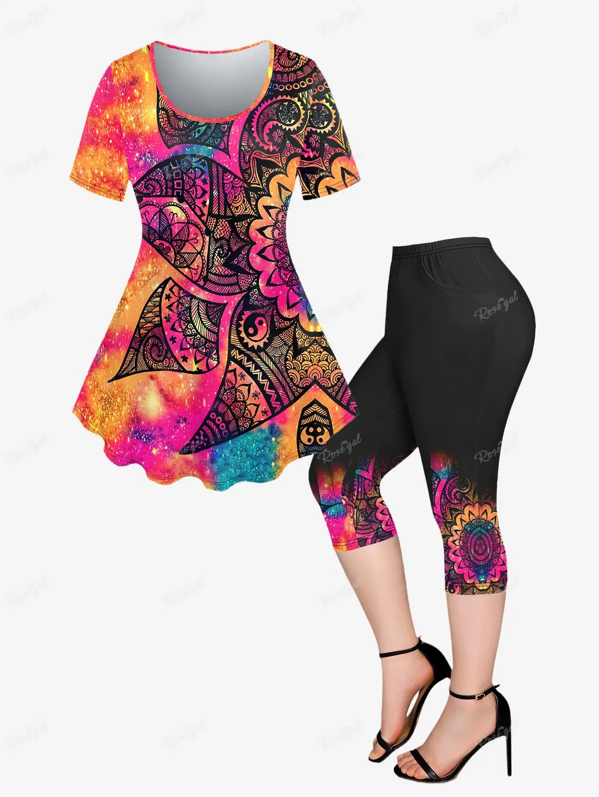 

Plus Size Matching Set Tie Dye Glitter Paisley Printed T-shirt Or Pockets Capri Leggings Women's Graphic Top Skinny Pants XS-6X