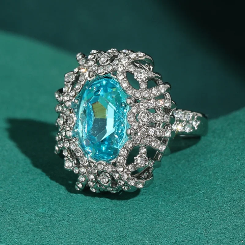 

Vintage Silver Color Crystal Ocean Blue Ring Woman Oval Rhinestone Accessories Women Luxury Quality Jewelry Wedding Party 2026