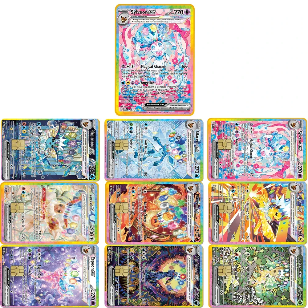 Anime Pokemon PTCG Eevee pegatina de tarjeta bancaria tarjeta de crédito pegatina impermeable pase de autobús Diy calcomanía pequeña Chip película cinta adhesiva