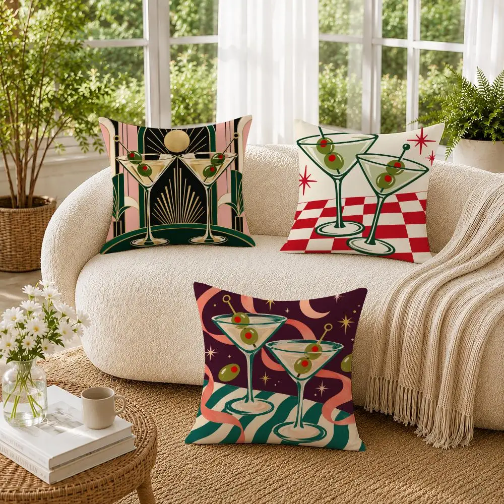 Martini Cocktail Retro Checkerboard Cushion Cover Soft Pillow Cases Hidden Zipper Cutecore Sofa Bedroom Home Decor Gift
