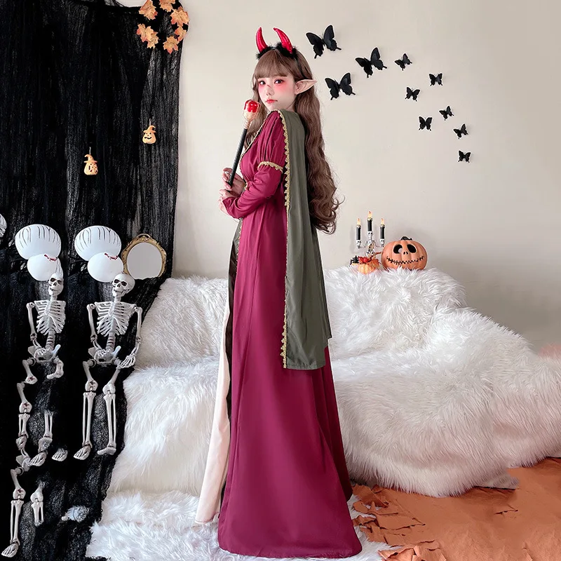 أزياء الهالوين للملكة والنوادي الليلية على الطراز القوطي الساحرة رداء كيب الساحرة طويل Sve Dr Stage ملابس نسائية تقليدية عرقية