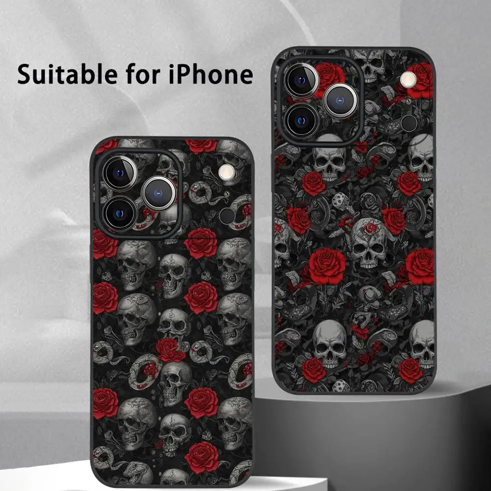 Schädel Blume Mode Telefon Fall Für IPhone 17 16 15 14 13 12 11 Pro Max Plus Mini Schwarz Matt Soft Shell Funda