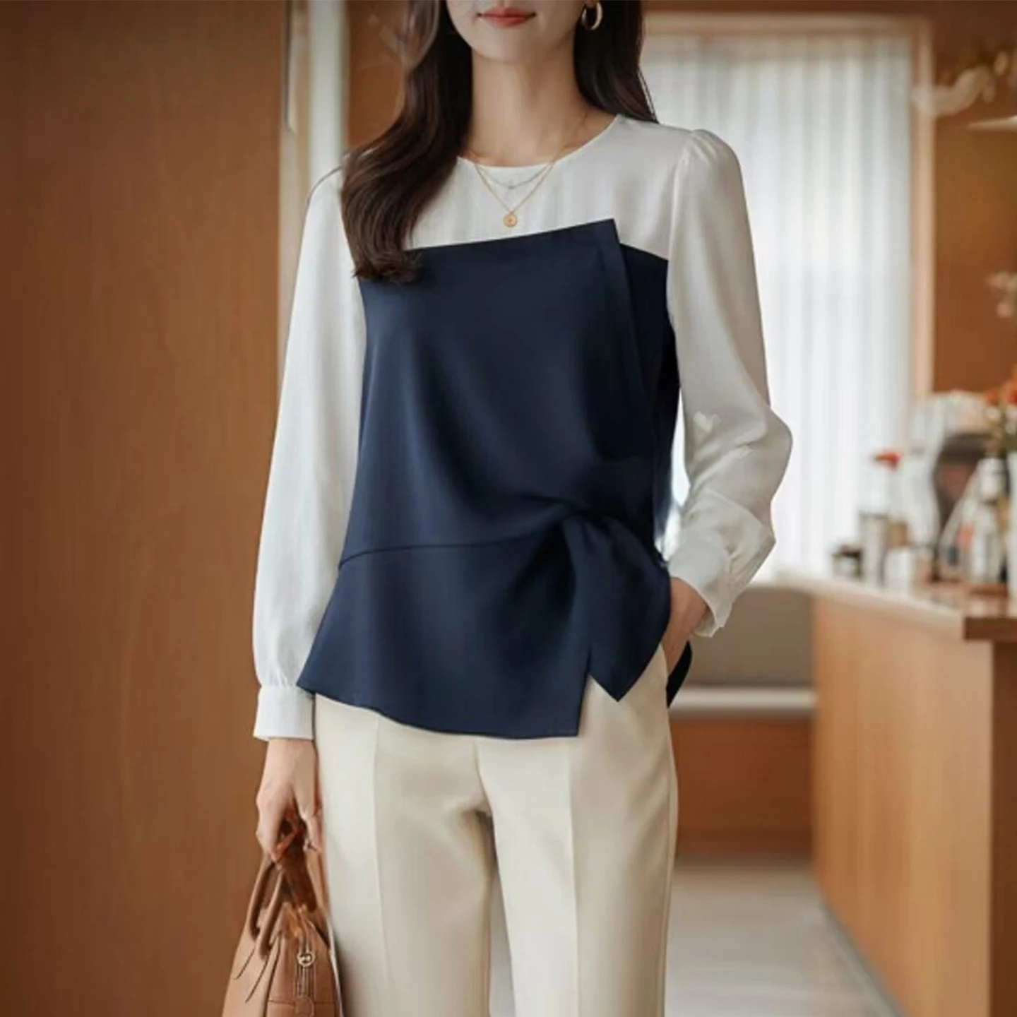 

Korean Style Artistic Loose Splice Color Block Design T-Shirt Women's Spring New Fashion Top Comfortable Polyester Fiber