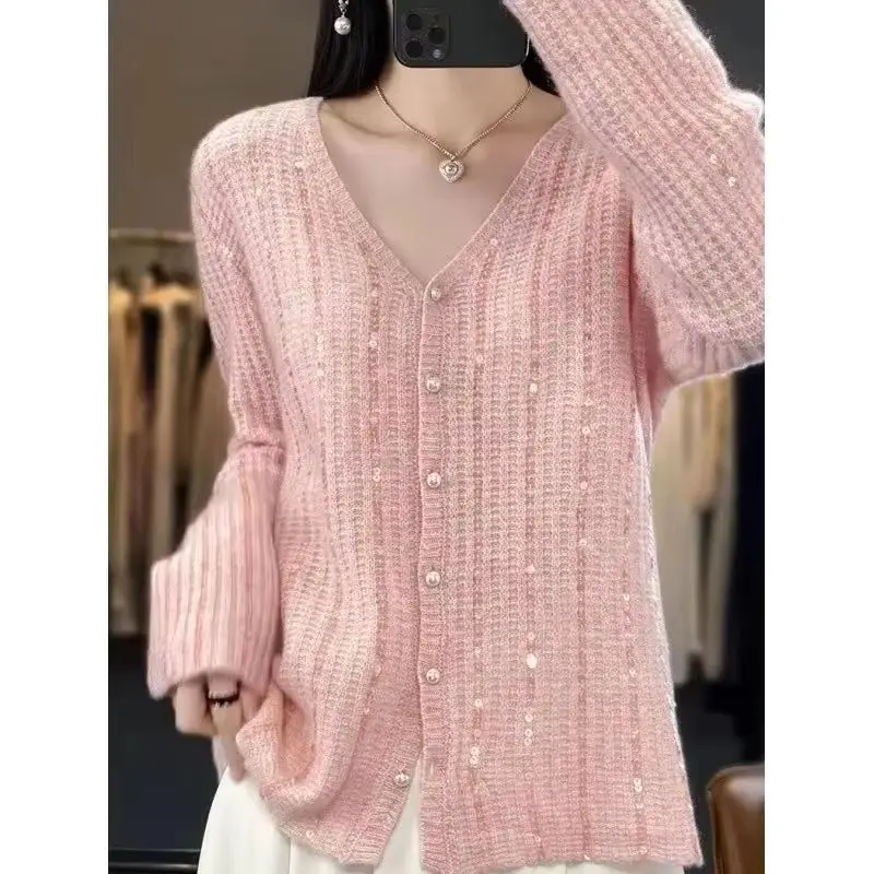 

Fashion 2025 New Autumn Sweater Women's Long Sleeve V neck Hollow Sequins Knitted Cardigan Jacket Ladies Sweater Knitwear Outwea