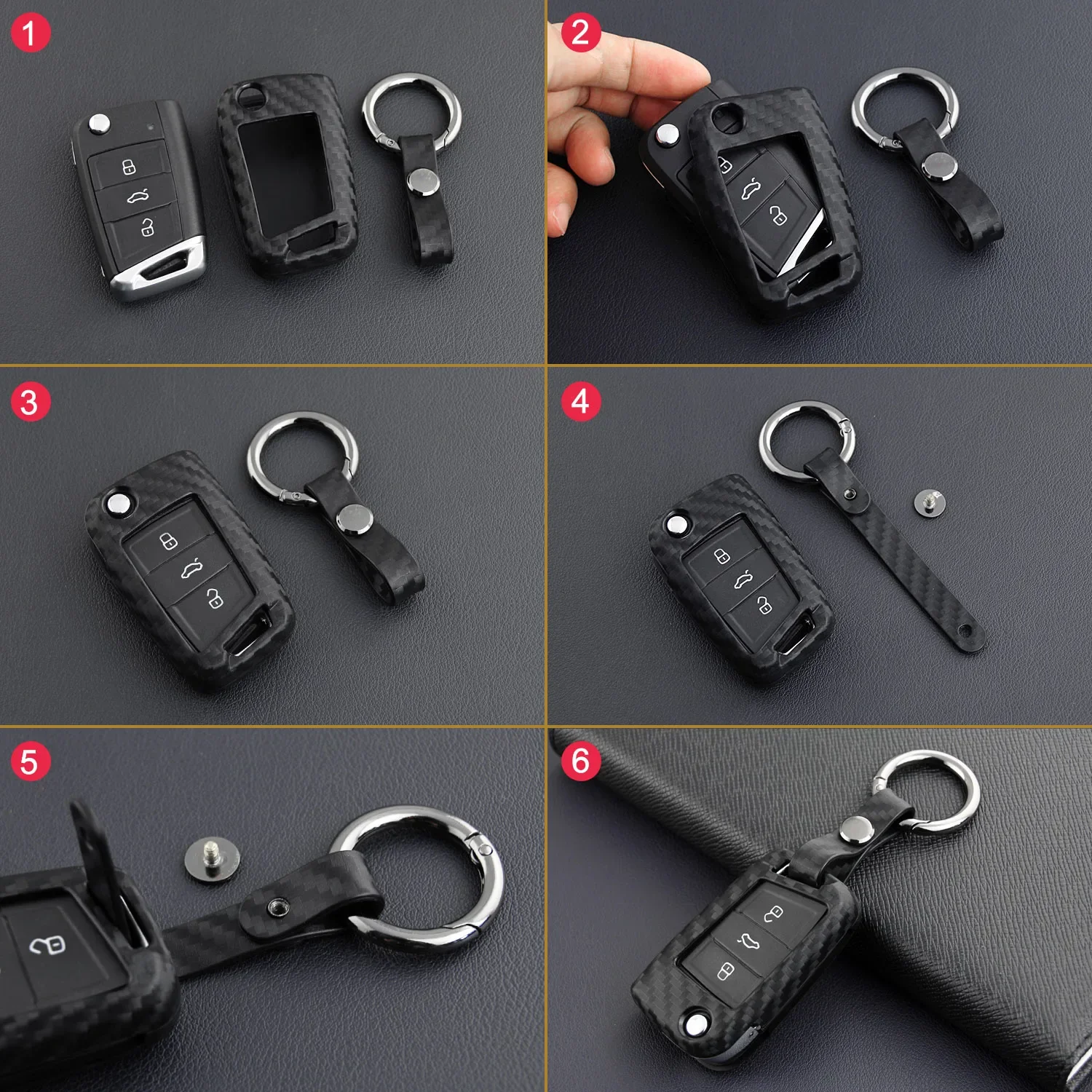 Flip Car Key Fob Case Cover Chain For Skoda Octavia Kodiaq Karoq Superb VW Golf 7 Tiguan Polo SEAT Ateca Leon Carbon Fiber