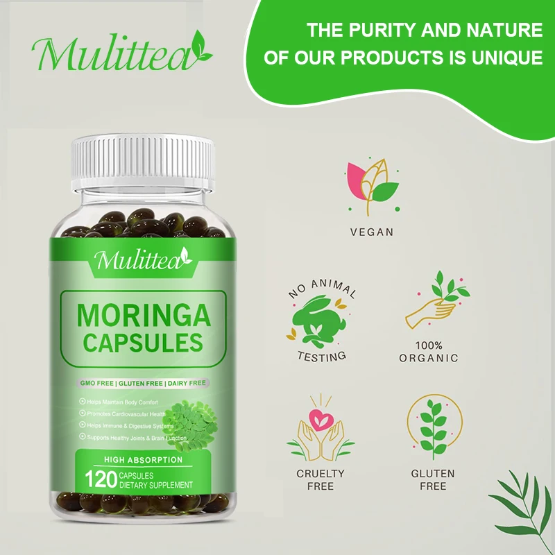 Mulittea Natural Moringa Leaf Capsule Compound فيتامين يساعد في عملية التمثيل الغذائي في الطاقة وإزالة السموم من المضادات للأكسدة ويحسن الجهاز المناعي