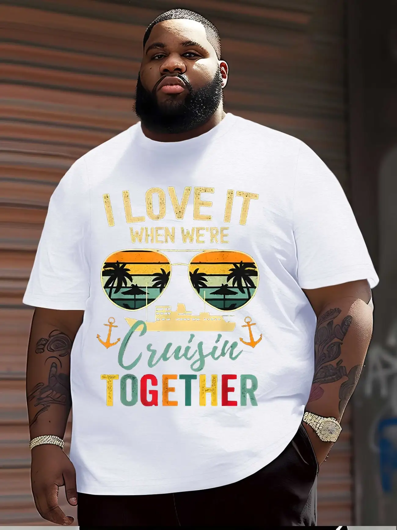 Men's Casual Christmas Outfit,Plus Size Graphic Tees , Round Neck Short Sleeve With Cruise Together Slogan, Graphic Design, Summer