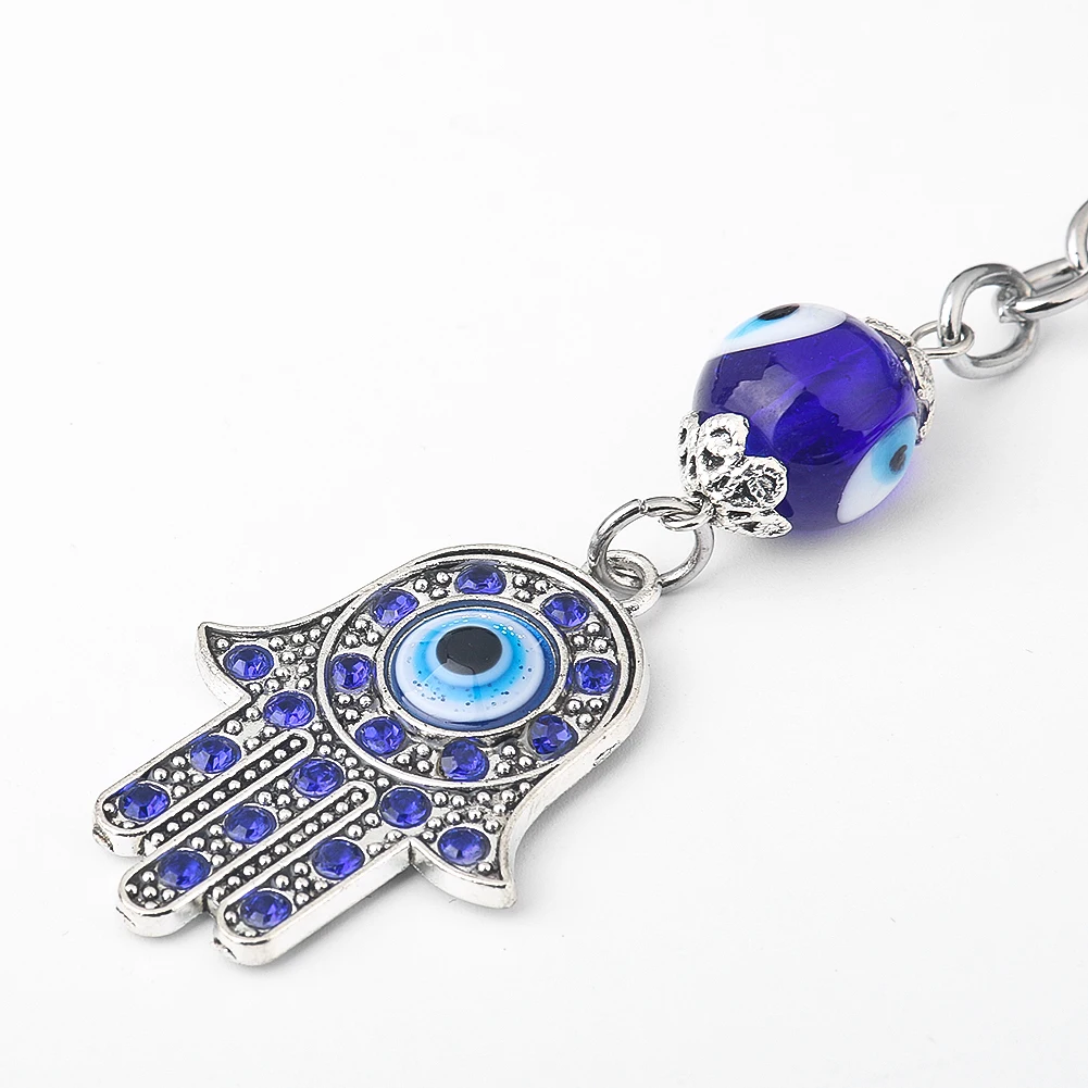 1PC Turkish Blue Eyes Diamond-encrusted Alloy Palm Key Chain Pendant Glass Ornament Home Decorations Car Hanging Accessories