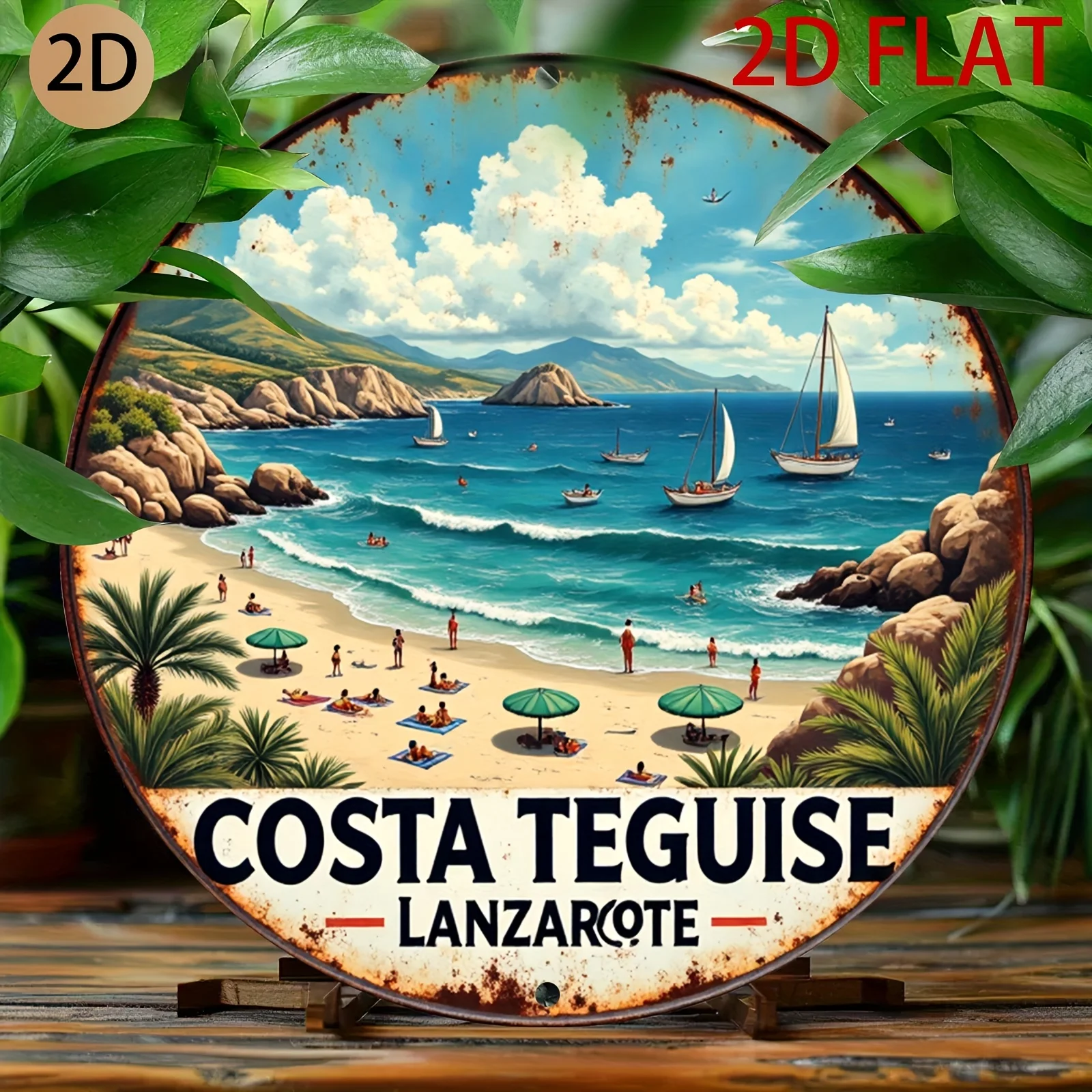 Costa Teguise Lanzarote Beach Sailboat Tropical Scenery Round Metal Sign 7.87Inch/20cm 2D Flat Vacation Patio Wall Decor Gift