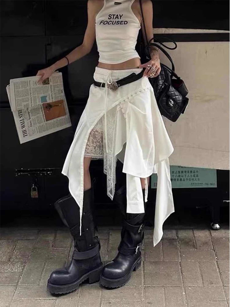 Frauen Midi Unregelmäßigen Rock Koreanische Süße Kpop Gyaru Coquette Y2k Harajuku Design Spitze Patchwork Split High Street E-mädchen neue