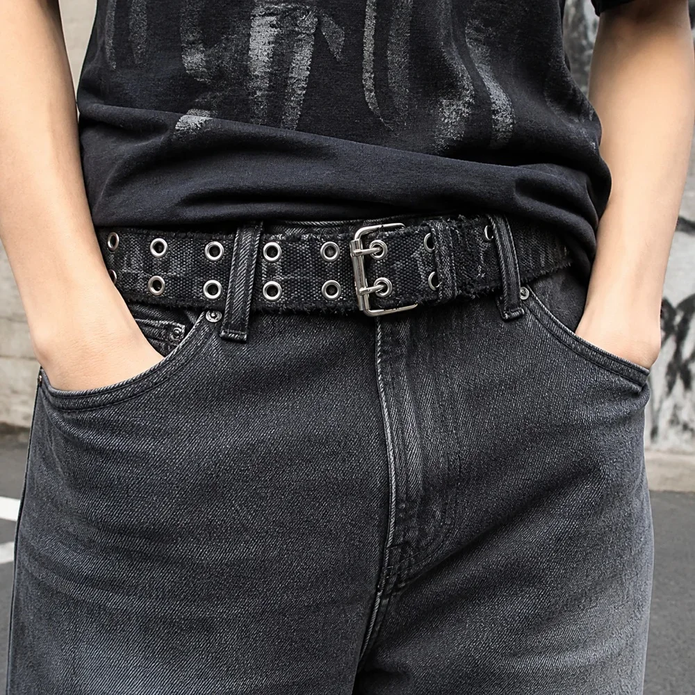 Black Distressed PU Strap Belt Pin Buckle Jeans Trousers Casual Outfit Styling Daily Wear Fashion Waist Accessory Durable Punk