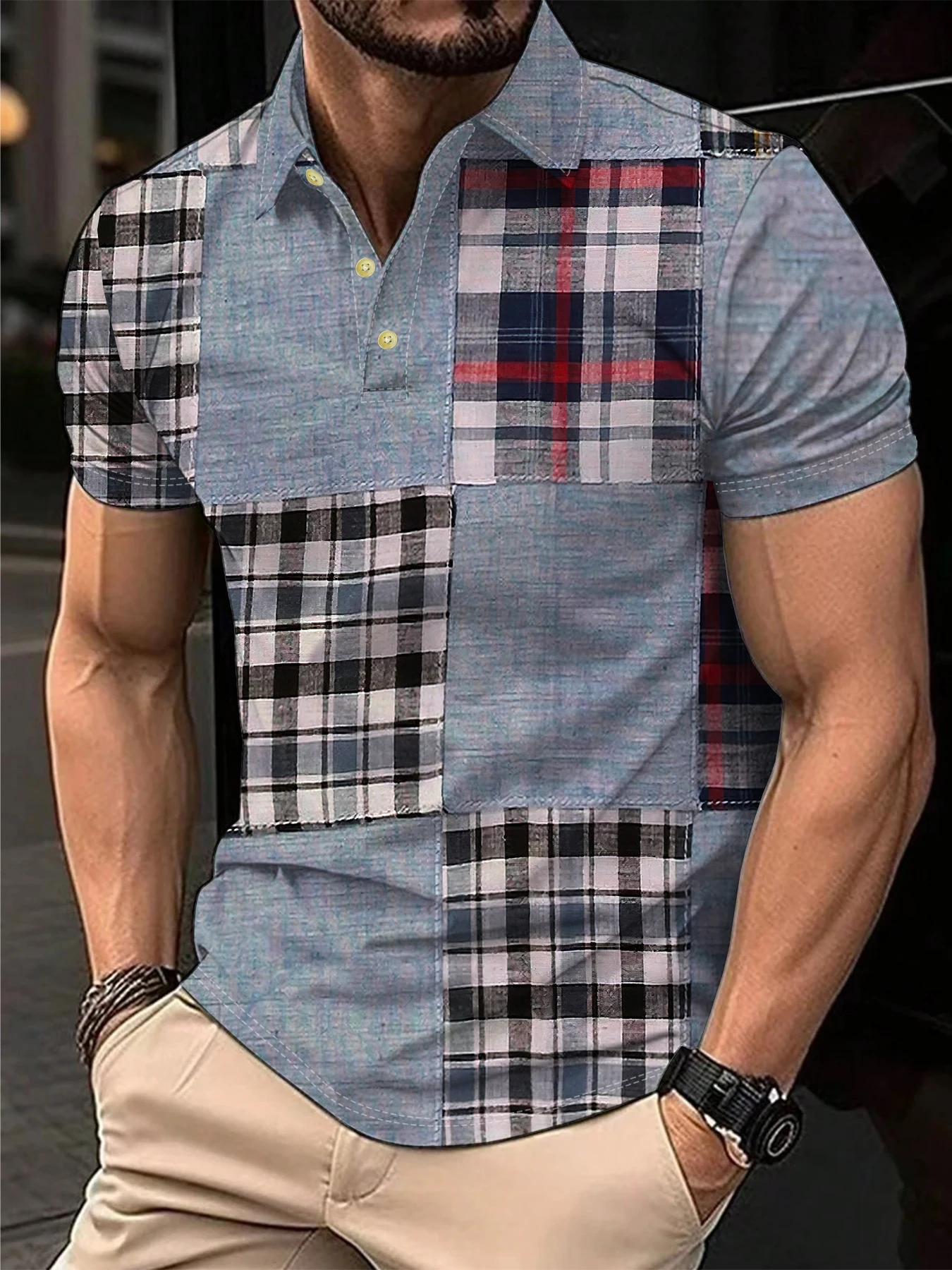 

2025 Elegant Fashion Harajuku Slim Fit Ropa Hombre Loose Casual All Match Lattice POLO Shirt Printed Button Short Sleeve T-shirt
