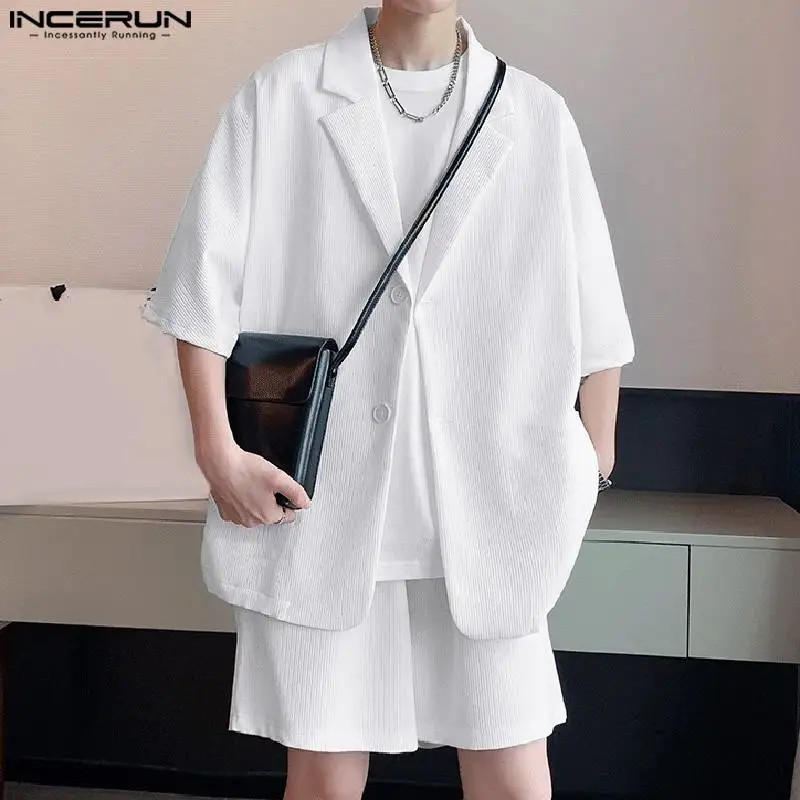 INCERUN 2024 Korean Style Fashion Sets Men's Texture Half Sleeve Loose Suit Shorts Leisure Hot Selling Male Two Piece Sets S-5XL