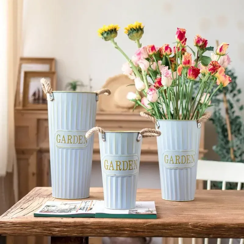 Hemp Rope Large Flower Arrangement Bucket Retro Iron Sheet Household Vase Living Room Dry Flower Decoration Floral Bucket