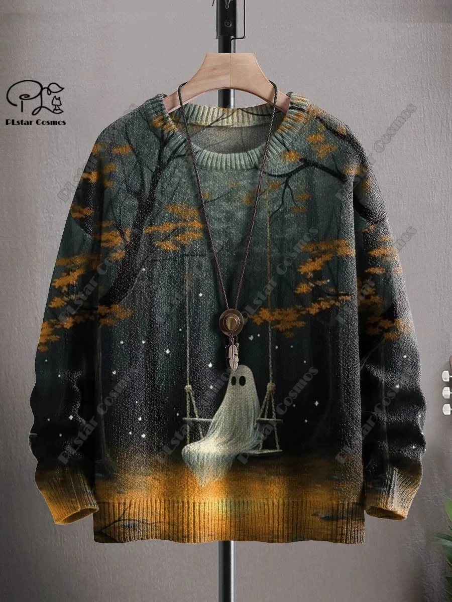 Sudadera con estampado 3D de la serie de Halloween, suéter feo con patrón de gato negro, fantasma de terror, esqueleto, bruja, calle, informal, W-1