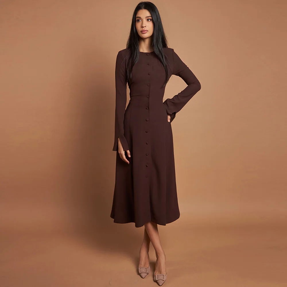 Customized Formal Crew Neck Evening Dress Customized A-Line Long Sleeves Party Dress Modern Buttons Bespoke Occasion Gowns