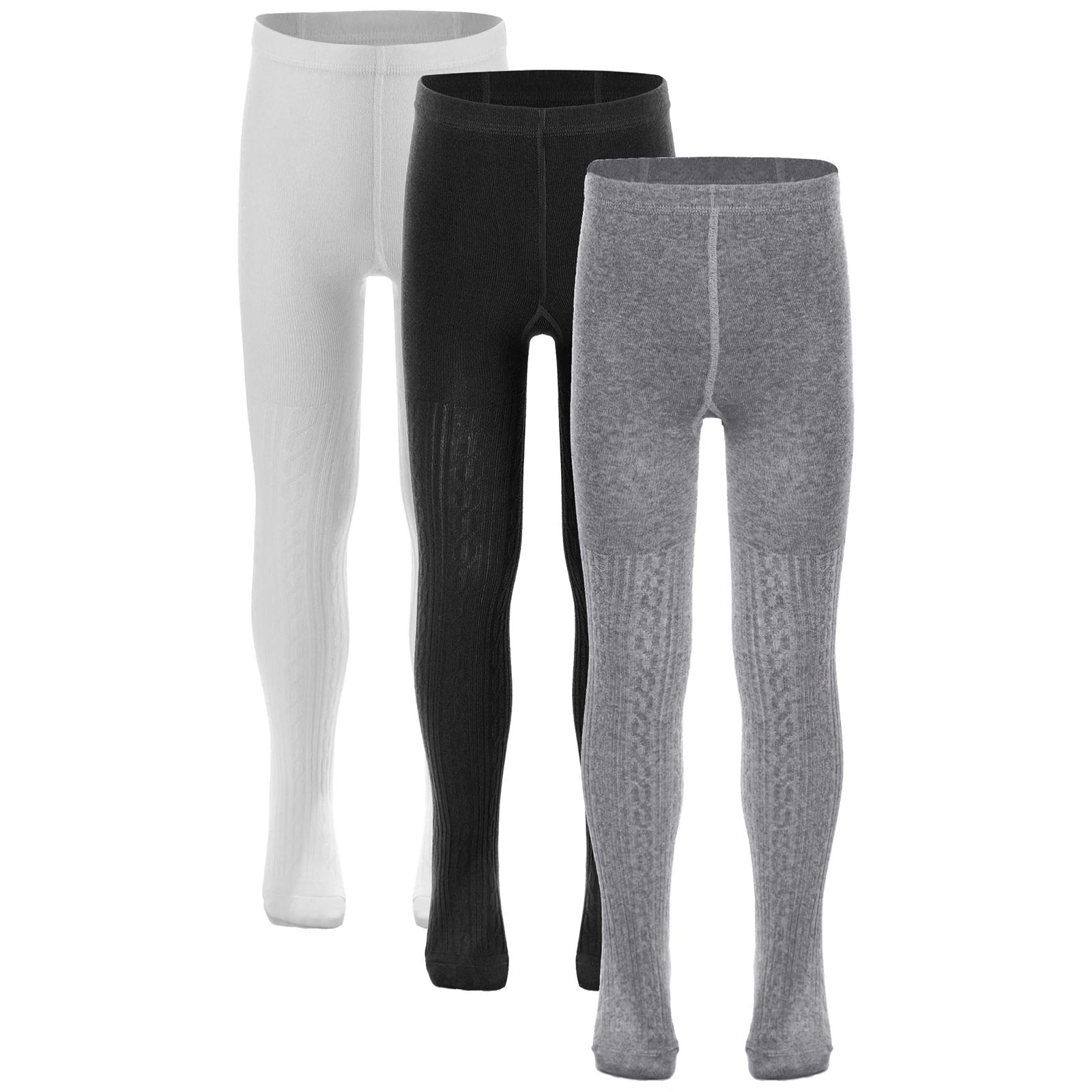 

#1-12Y 3Pcs Kids Girls Cable Knit Pantyhose Solid Color Footed Leggings Tights for Ballet Dance Dress Accessory Leggings