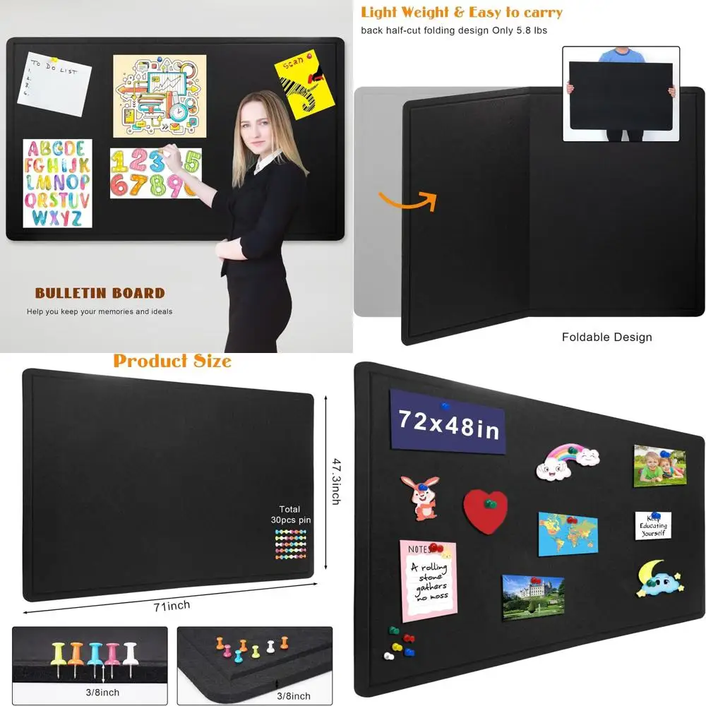 

6ft x 4ft Black Foldable Corkboard with 30 Pushpins, Wall-Mountable Mood Board for Photos and Notes