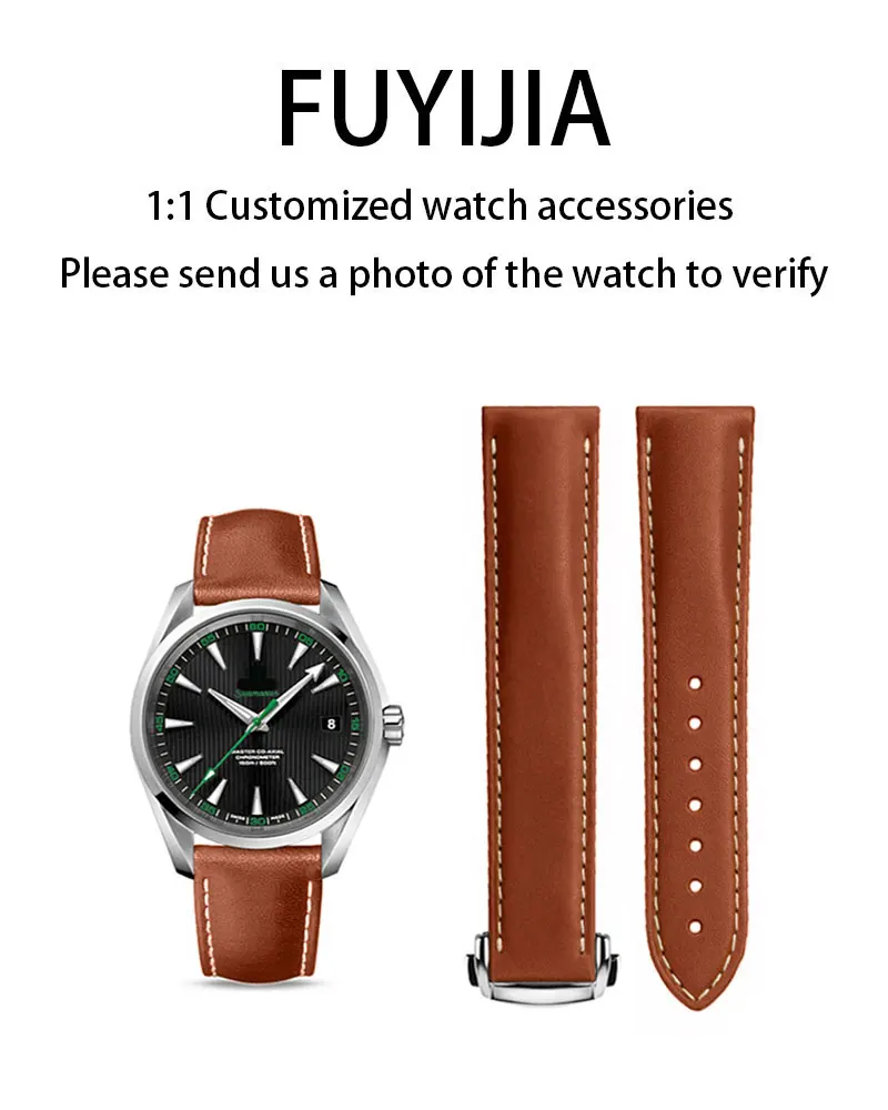 

FUYIJIA Мужской индивидуальный ремешок O-MEGA SEAMASTER 150 м, оригинальные ремешки для часов 20 мм * 18 мм, ремешок из воловьей кожи с плоским интерфейсом, складной ремень с пряжкой