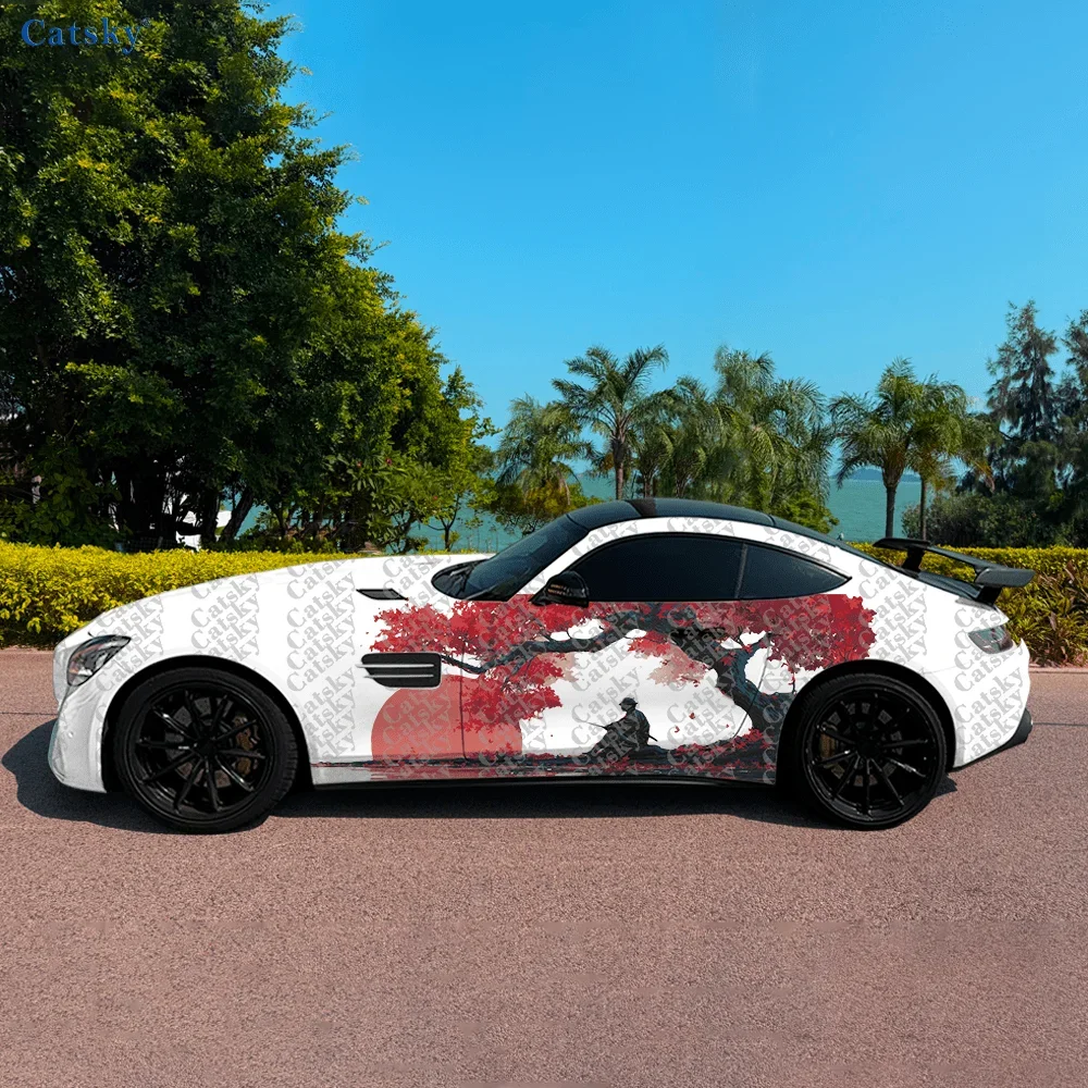 Red Ink Maple Leaf Warrior Car Side Sticker Decoration,PVC Waterproof Scratch Resistant Decal,Car Protect,Auto Accessories Gift