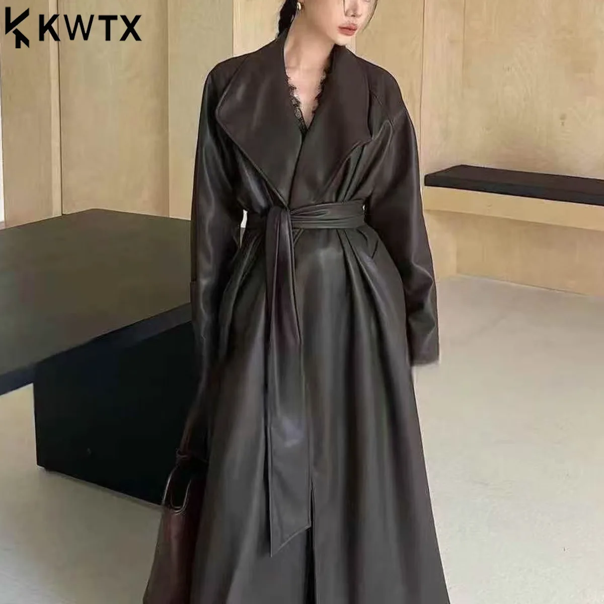 

KWTX винтажный кожаный плащ с лацканами, осень 202, ретро, с поясом на талии, элегантная негабаритная минималистичная драпированная повседневная шикарная верхняя одежда