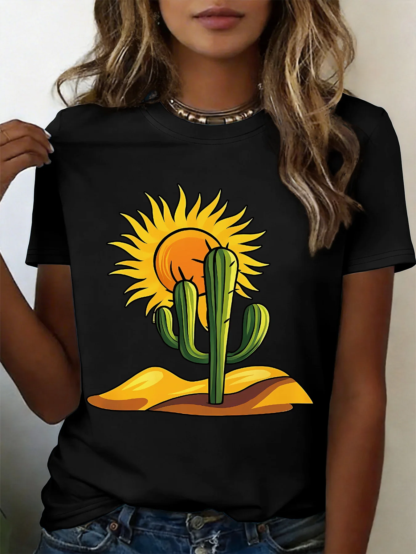 Women Crew Neck Tee Desert Cactus Sun Cartoon Graphic Print Short Sleeve Loose Ladies Summer Cotton Plus Size Casual Top