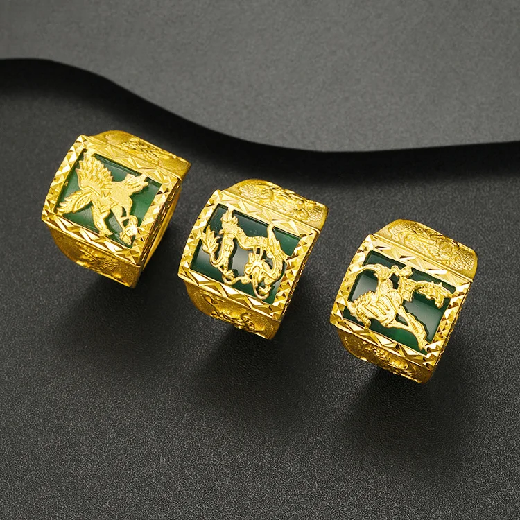 

Luxury Vietnam Gold Green Eagle Wings Spreadings Ring Men's Jewelry New Gold Plated Black Onyx Horse to Success Ring Jewelry