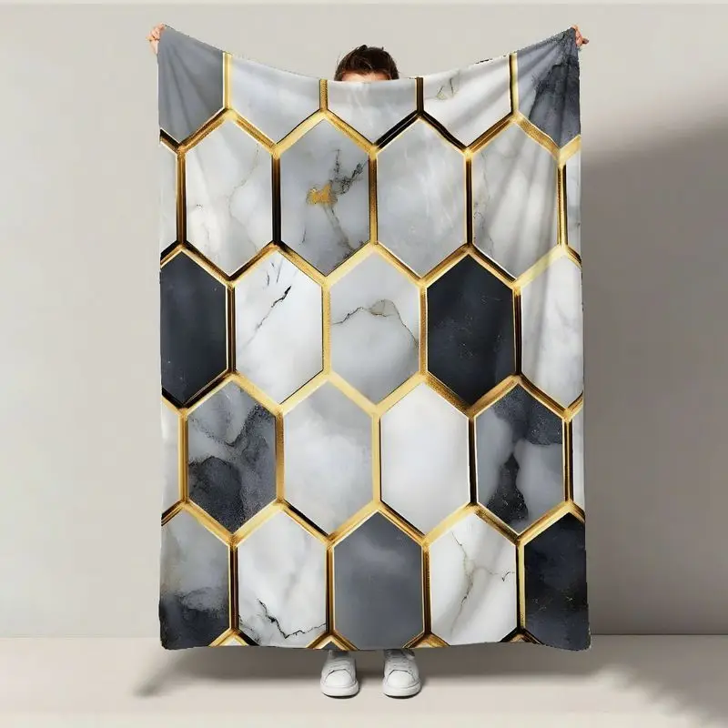 

1pc Marble Hexagon Flannel Blanket - Black/White/Golden, All-Season Home Decor Holiday Gift