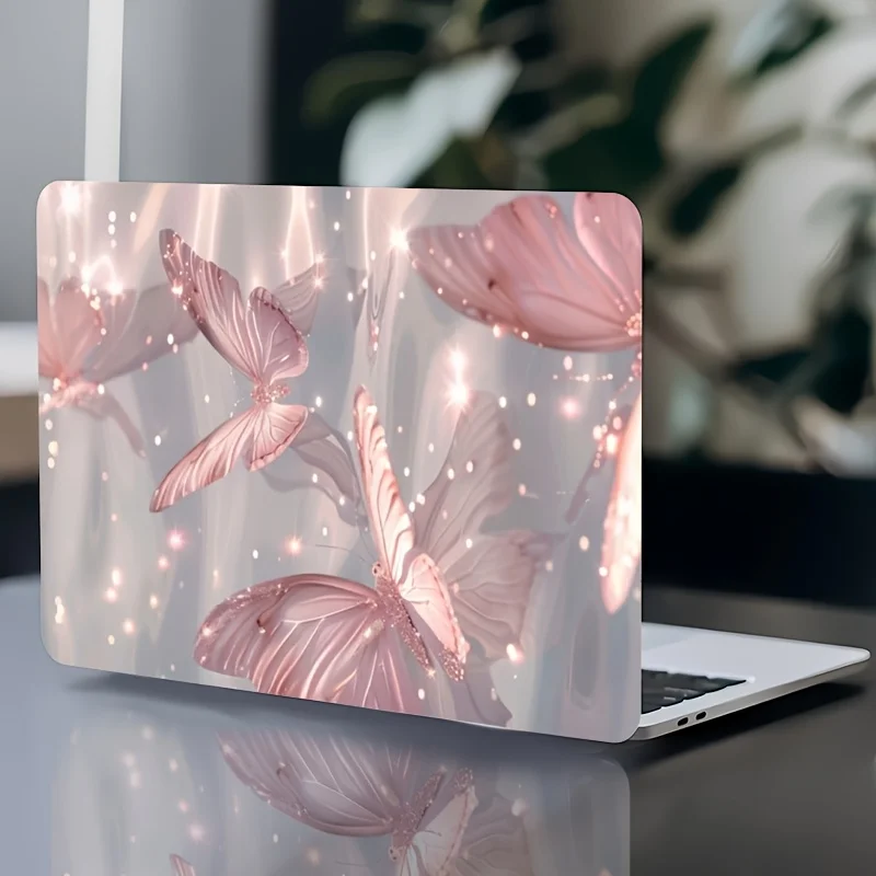 Set of two pink butterfly laptop stickers in a light beige design. These self-adhesive art decals are scratch-resistant and dura