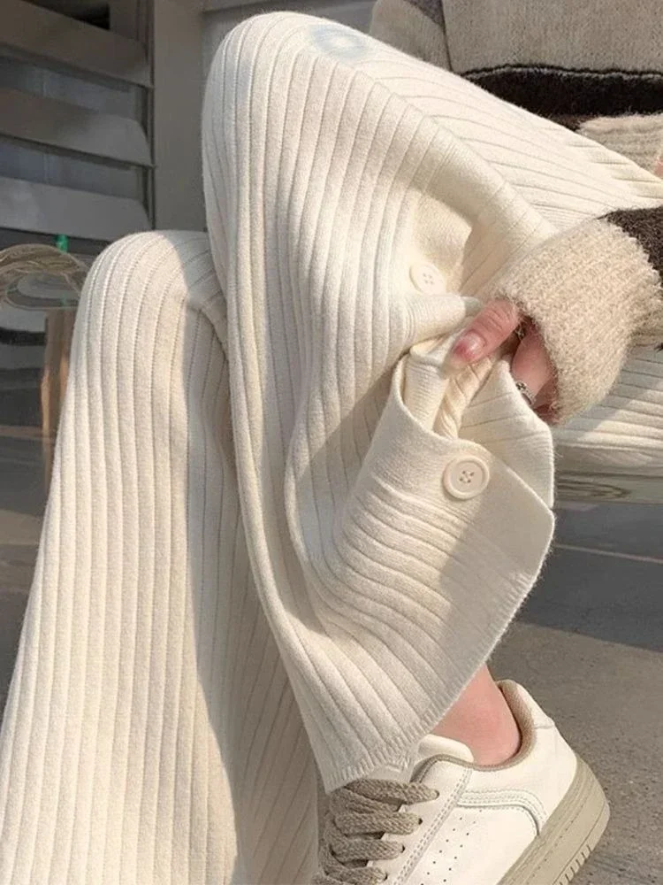 2026 Autumn Winter Trousers for Women Button Slit Design Wide Leg Pants Women Fashion Thicken Warm  Knitted Straight Pants Women