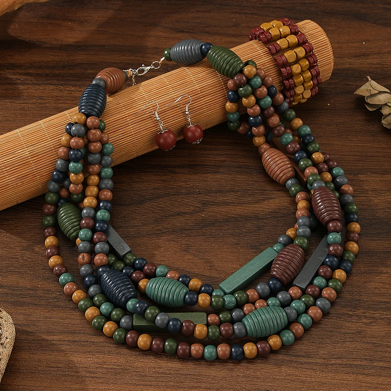 Multi Layer Handmade Wood Beads Necklace Earrings Bracelet Jewelry Set Vintage Color Statement Collar Boho Beads Long African J