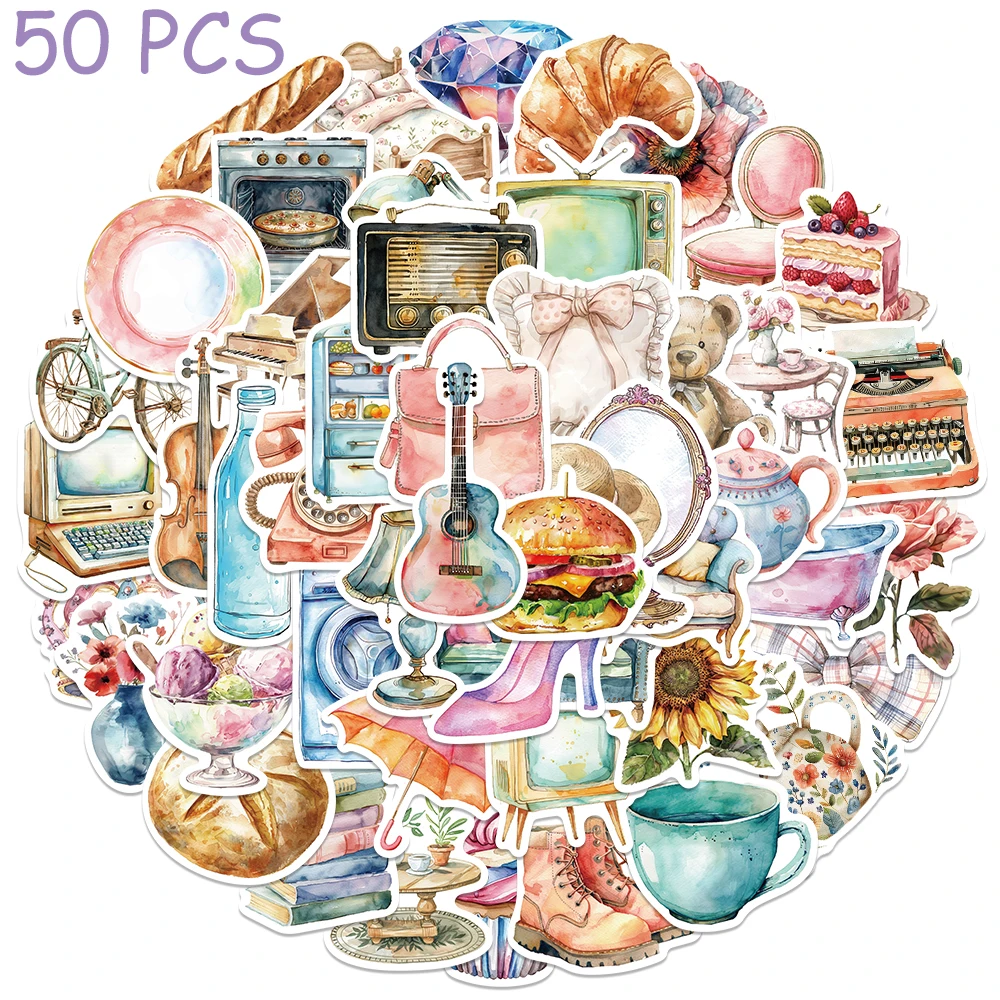 50pcs Vintage acquerello Clip Art Stickers Cartoon decalcomanie estetiche per Laptop Skateboard valigia chitarra adesivi impermeabili