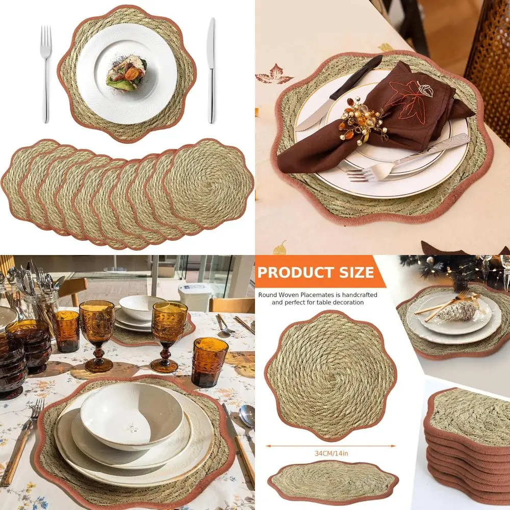 

13.8 inch Fall Round Woven Placemats Set of 10 Boho Scalloped Rattan Place Mats Natural Water Hyacinth Flower Shaped Weave Mats