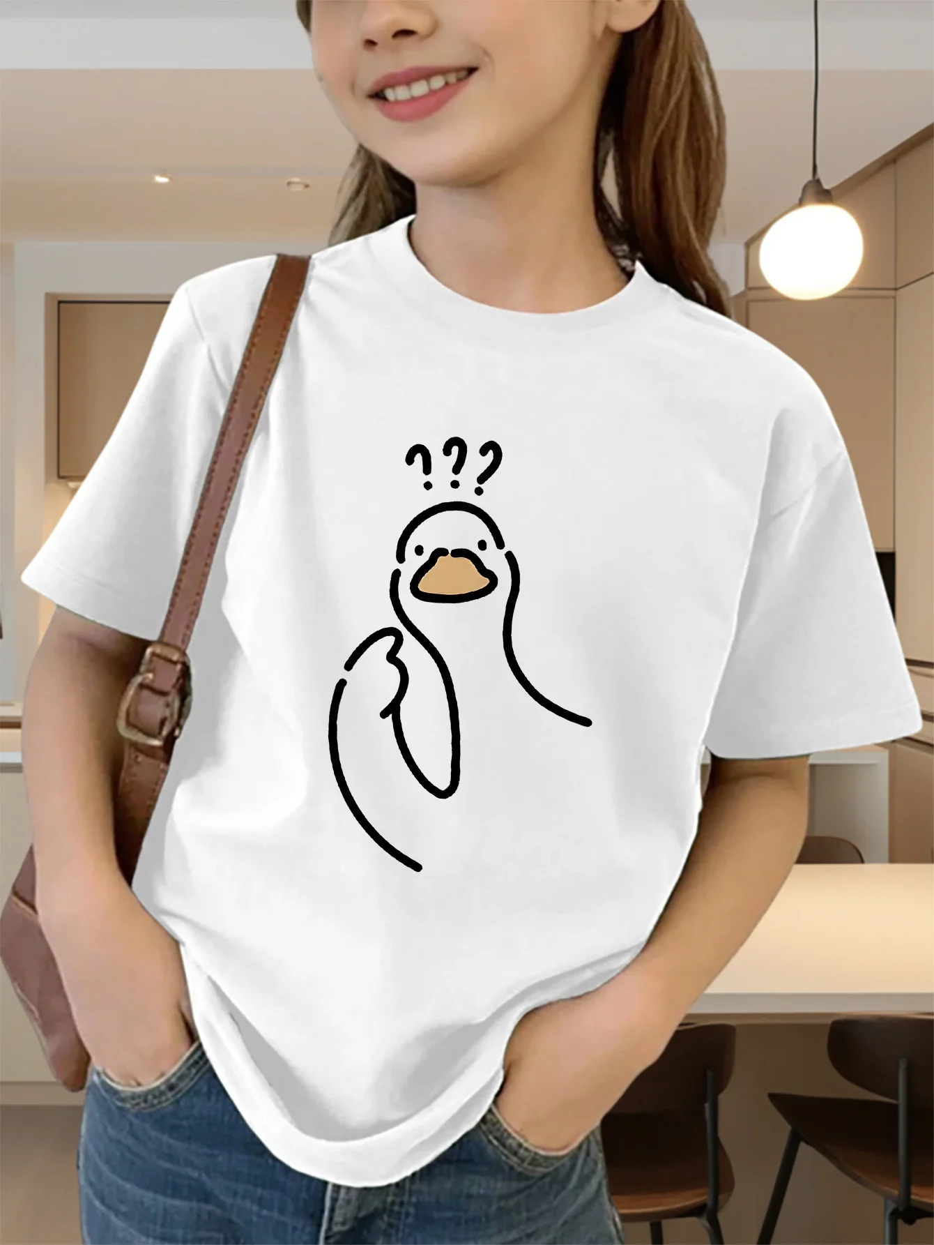 Cute Question Mark Duck Line Art Print Graphic Kids Tee Boys Girls Family Matching Cotton Crew Neck Short Sleeve Soft Summer Tee