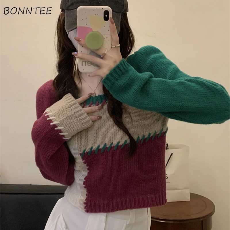 

Spliced Pullovers Women Square Collar Long Sleeve Panelled Soft Knitwear Spring Autumn Retro Slim Short Sweaters Casual Stylish