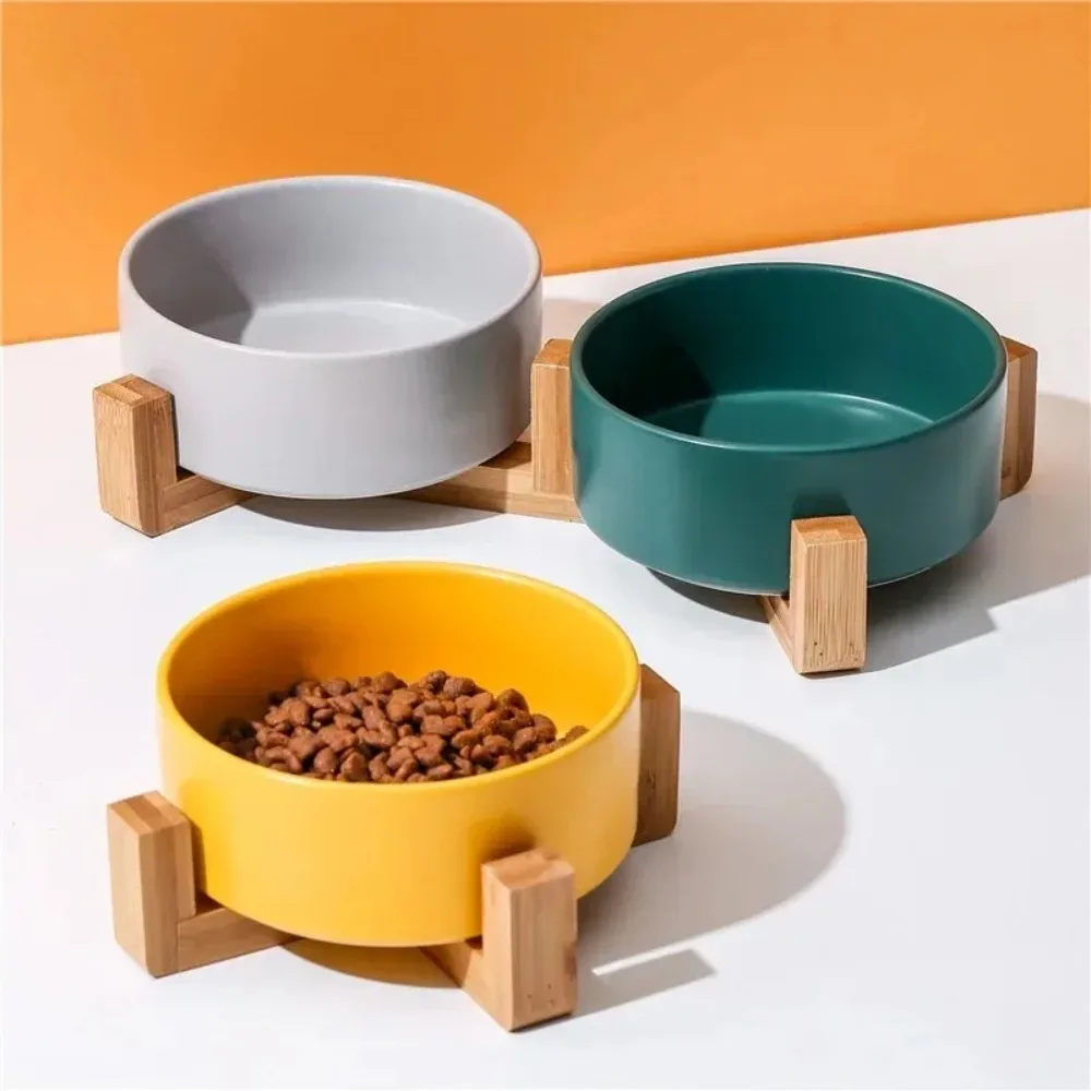 Cute Cat Bowl Ceramic Double Bowl Water Bowl Integrated Wooden Frame for Cervical Protection High Legged Dog Bowl Water Bowl