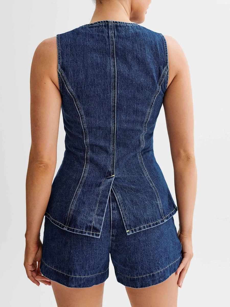 2-delige Denim-Outfits Voor Dames, Mouwloze Tanktops In Effen Kleuren Korte Broeken