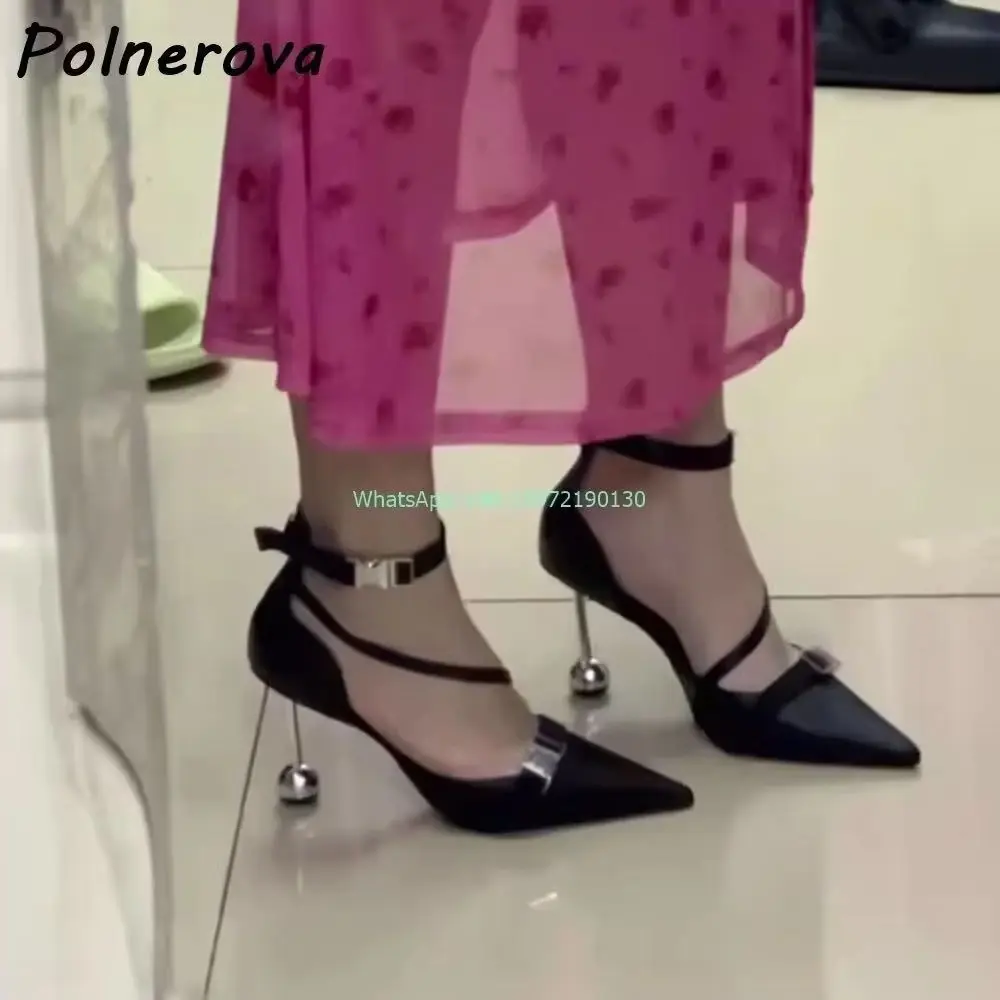 

Strange Style Heels Ankle Band Pumps Pointy Toe Metal Decoration Straight Strap Shoes Black British Style Cool Fashion Shoes