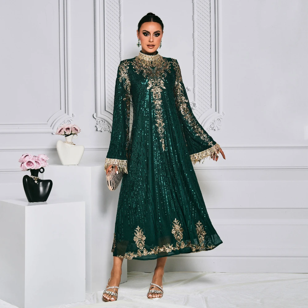 

2024 Middle East Autumn Luxury Fashion, Long Style, Round Neck Long Sleeve Loose Glitter Evening Dress for Women