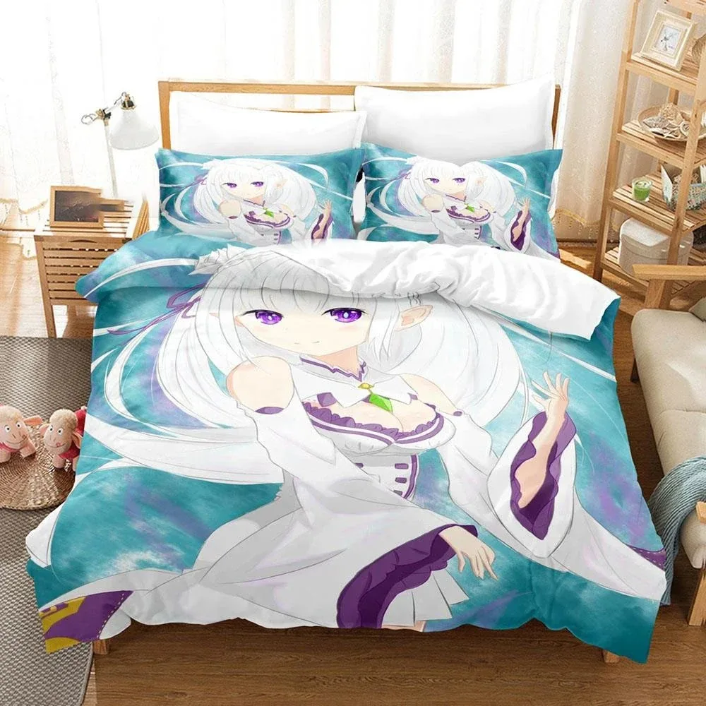 3D Printed Anime Re Zero Rem Ram Emilia Bedding Set Boys Girls Twin Queen Size Duvet Cover Pillowcase Bed Kids Adult Home