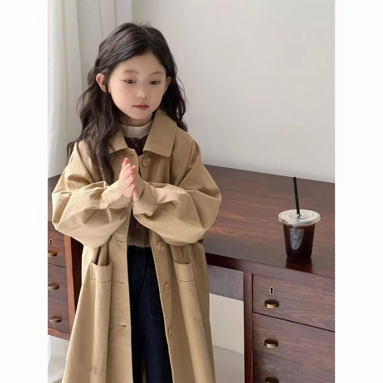 Girl Long Sleeve Windbreaker Outerwear Girls Trench Coats Kids Fashion Waisted Jackets Children Turndown Collar Clothing 3-12Y