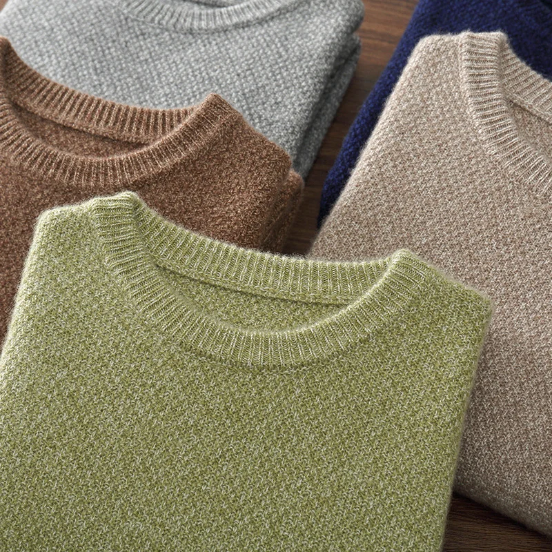 High-End Thicken 100% Goat Cashmere Sweater Men' O-Neck Honeycomb Jacquard Knit Pullover Autumn Winter Business Casual Menswear