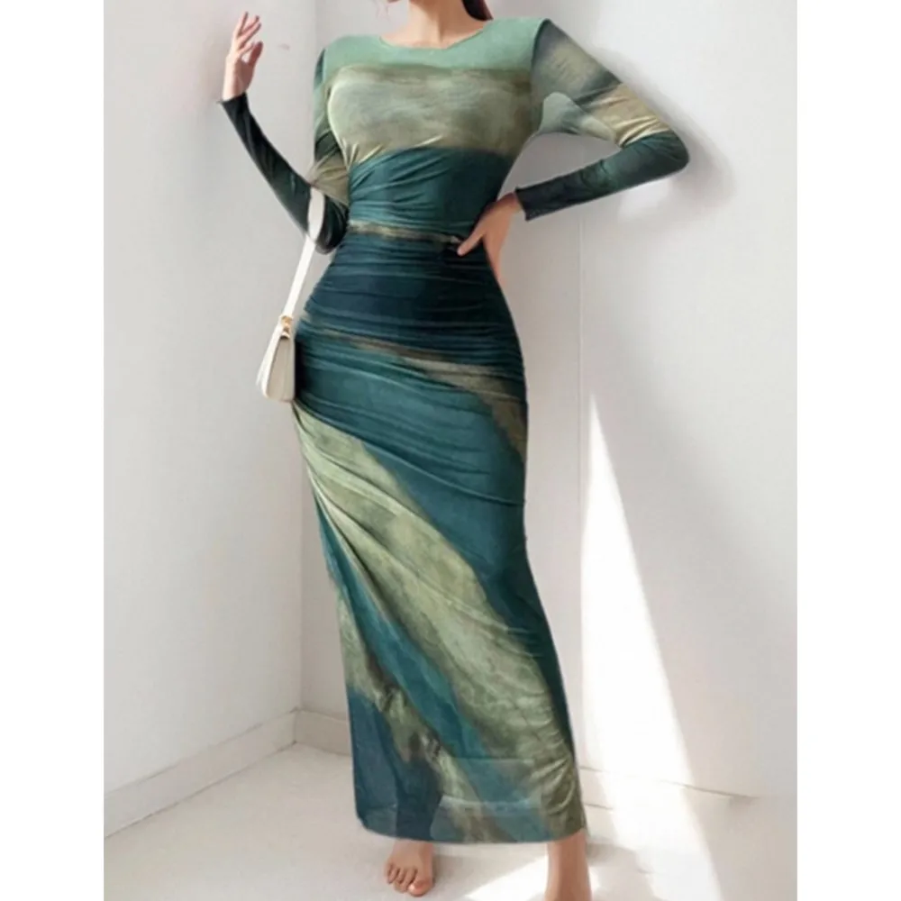 

Elegant Minimalist Long Dress For Women's Spring Summer New Fashion Print Sexy Slim Fit Casual Long Sleeved Round Neck Dress