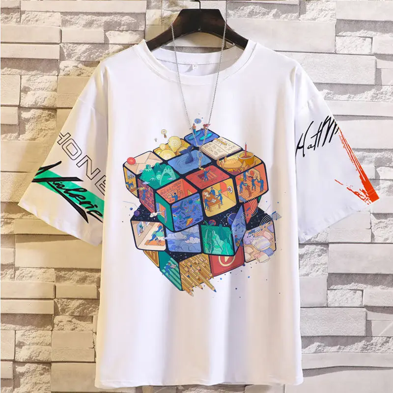 

Anime Game Short T-Shirt For Men Summer Small Dinosaur Loose Fit Plus Size Five-Quarter Sleeve Top Student Base Shirt Round Neck