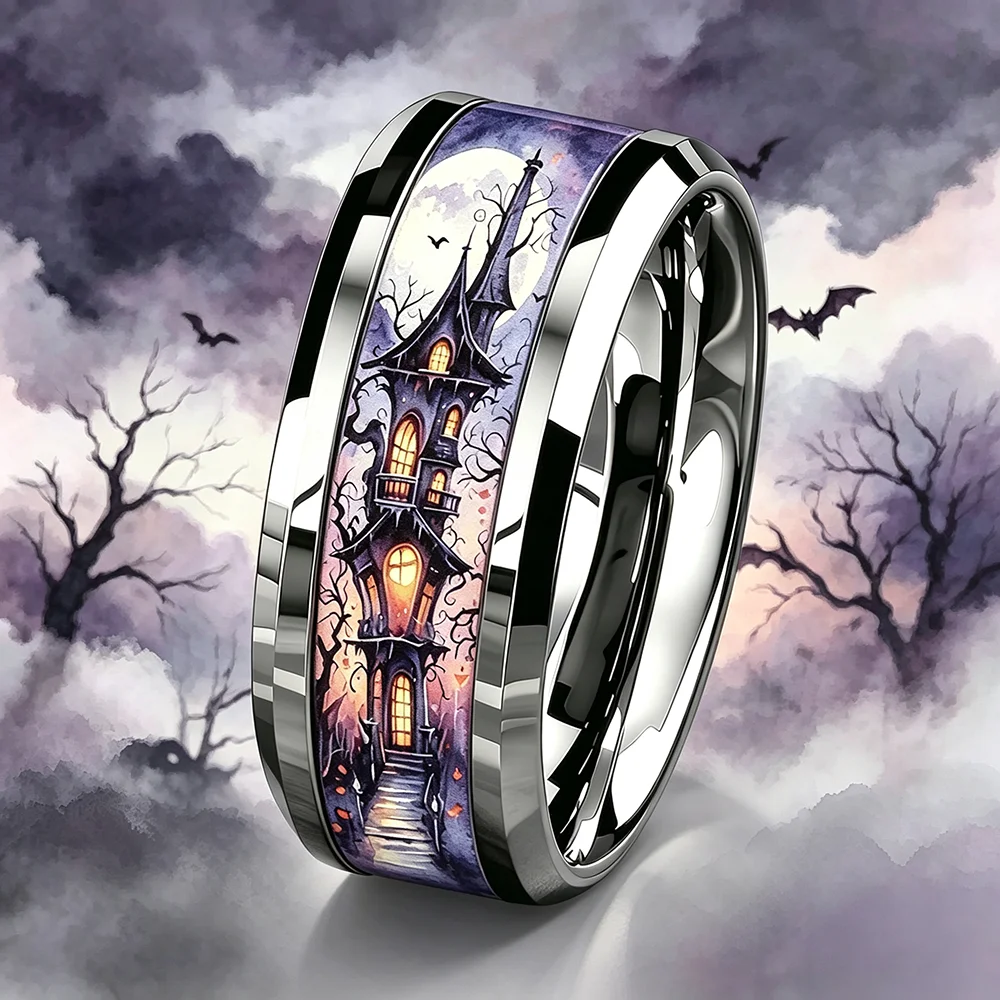 Halloween Haunted House Castle Full Moon Bat Ring, Gothic Punk Stainless Steel Skull Rings for Men Women Rock Biker Jewelry Gift
