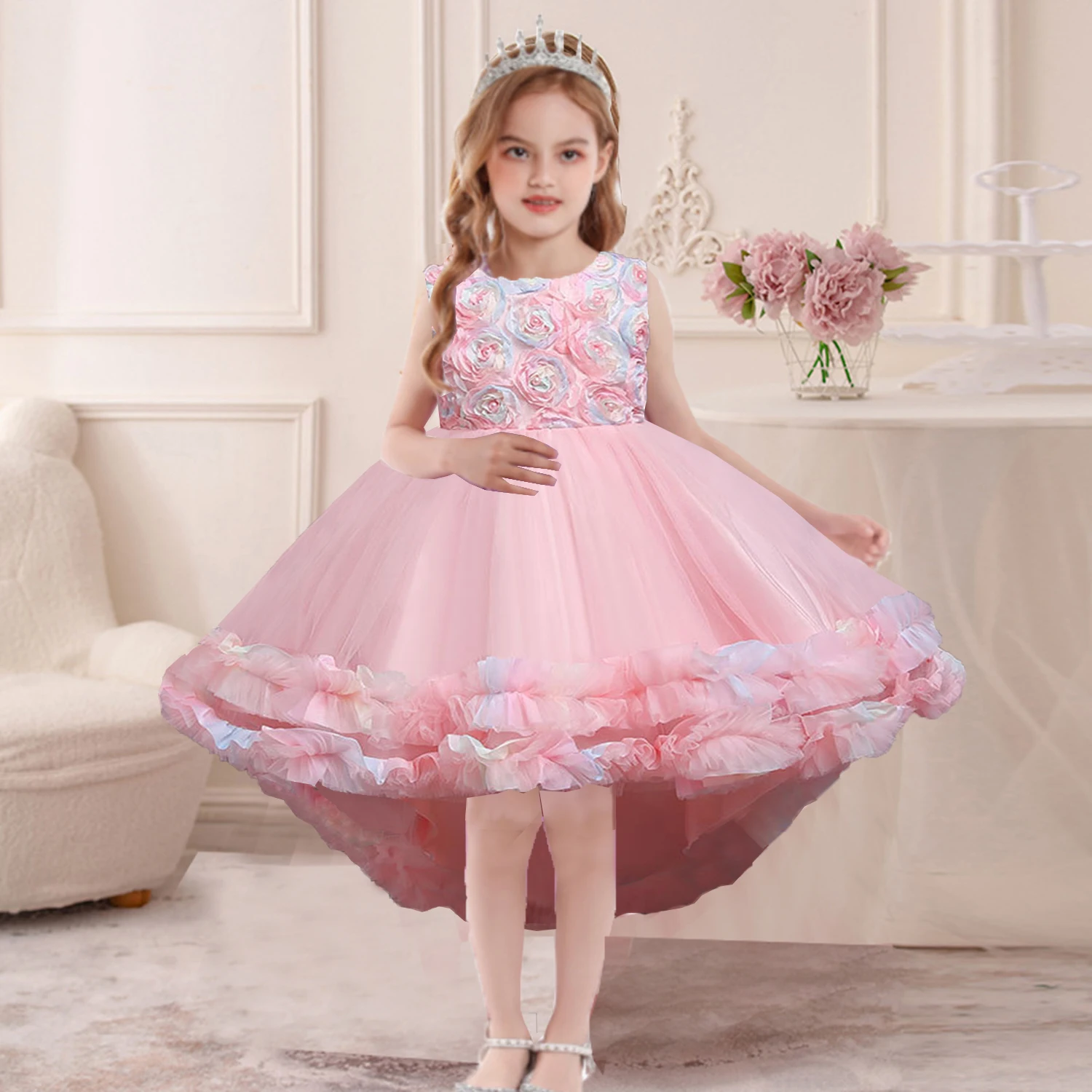 

Elizabeth Fashion Little Girls 3D Rose Petal Flower Girl Dress Birthday Party Pageant Hi-Lo Rainbow Gown 68018