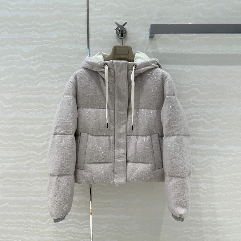 2024AW New Coat Sparkling Sequins Design Hooded Down Jacket Women's Coat Luxury Brand* Korean Fashion Women's Clothing