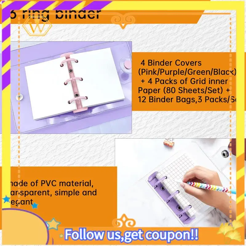 Latest-4 Pack Mini Transparent 3 Ring Binder Covers With Grid Inner Page And 12 Pcs Binder Pockets(3 Pcs/Set)