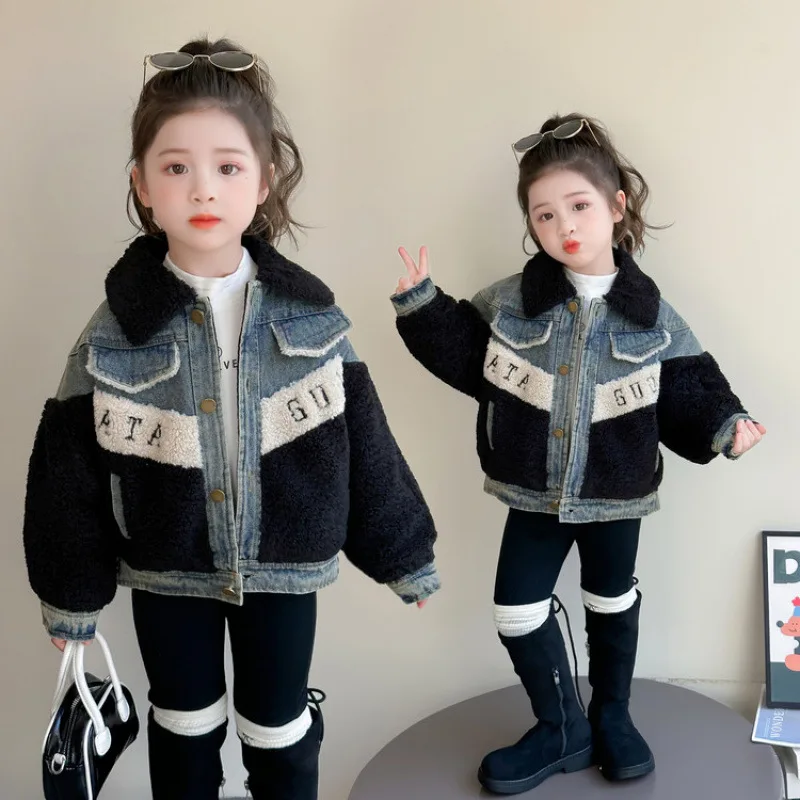 

Осенне-зимняя джинсовая куртка для девочек, теплое пальто с лацканами, утепленные топы, удобная детская одежда для детей от 7 до 12 лет, уличный стиль