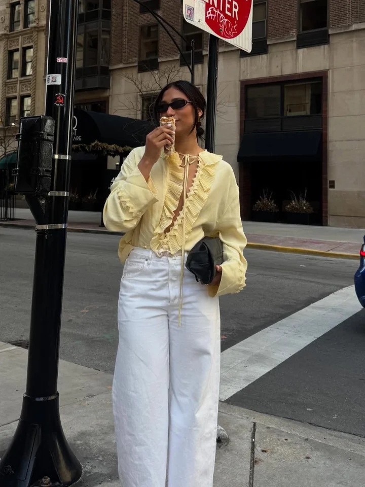 Women Yellow Chiffon Ruffle Blouse Summer Loose Top